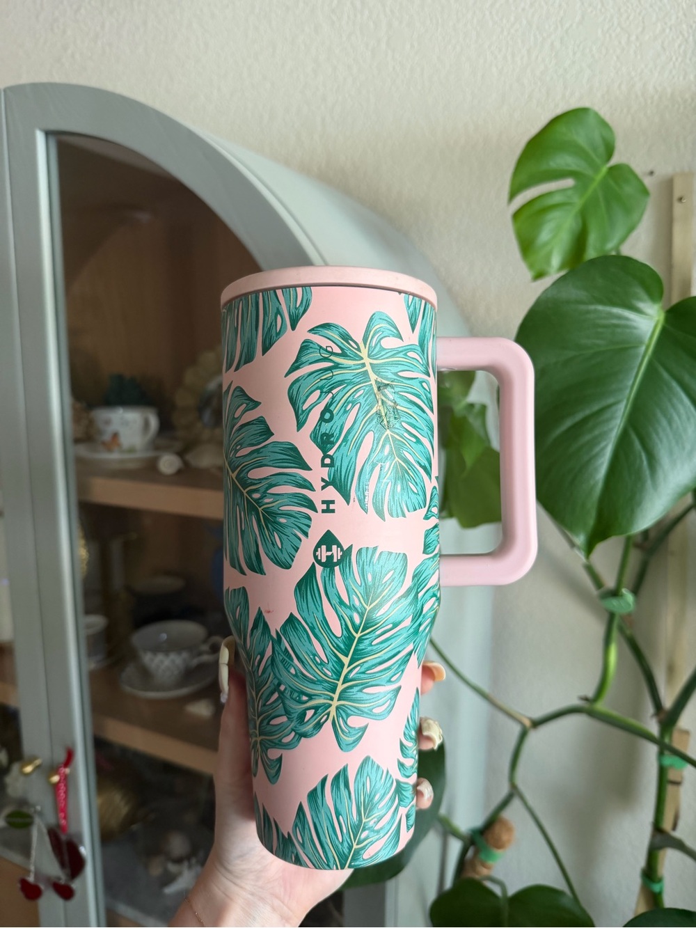 HydroJug Pink Travel Mug with Monstera Tropical Leaf Print
